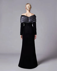 Off-shoulder velvet gown with satin drape – RobiL