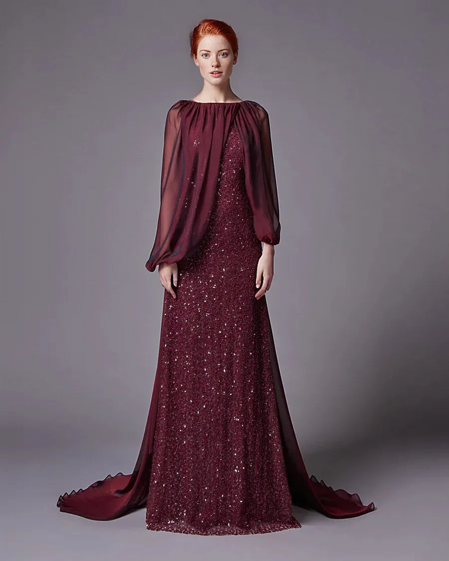 Sequined gown with chiffon cape overlay – Norin