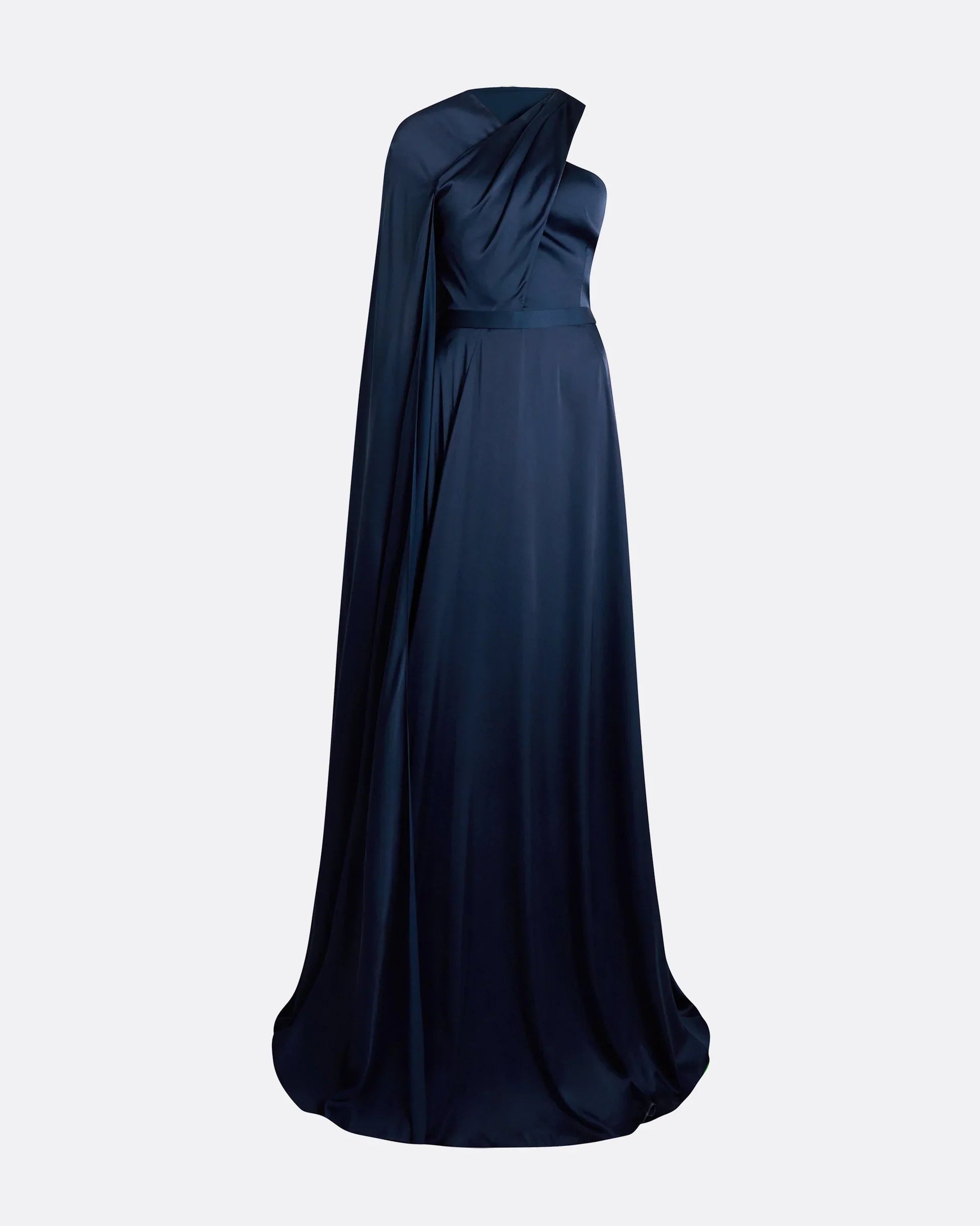 one-shoulder satin gown with draped cape sleeve – NAVIL