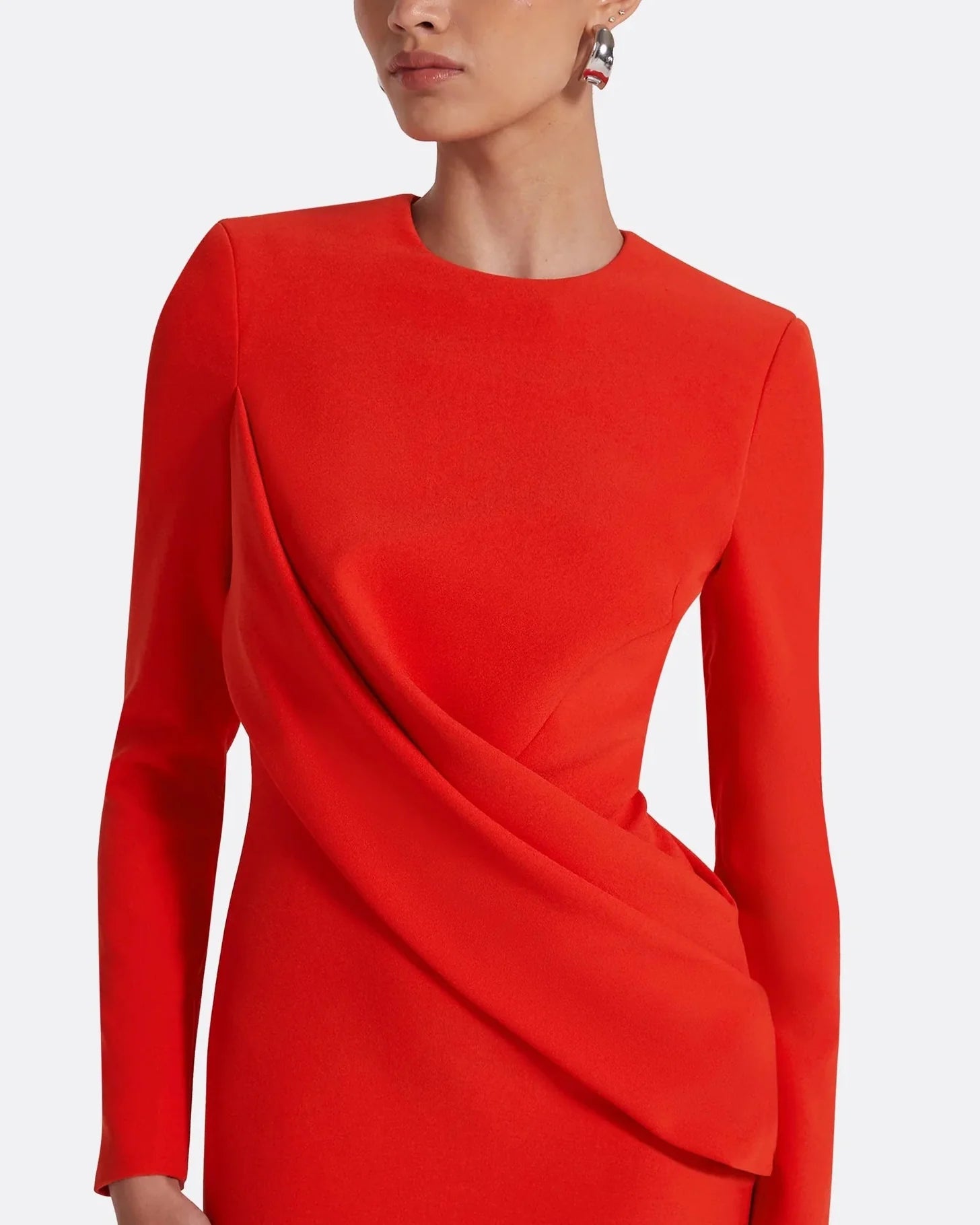 long-sleeve column gown with asymmetrical drape – FIERY