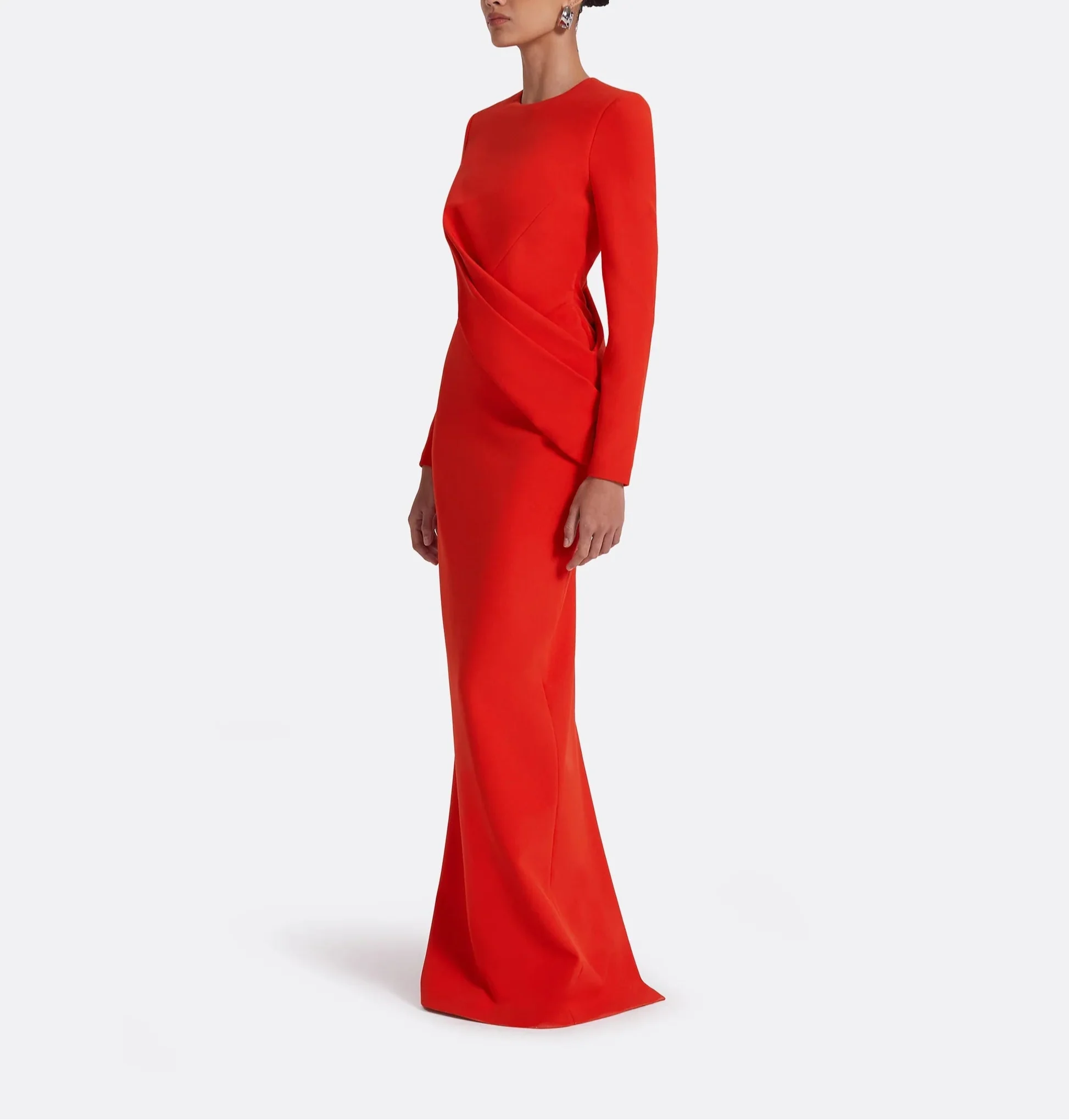 long-sleeve column gown with asymmetrical drape – FIERY