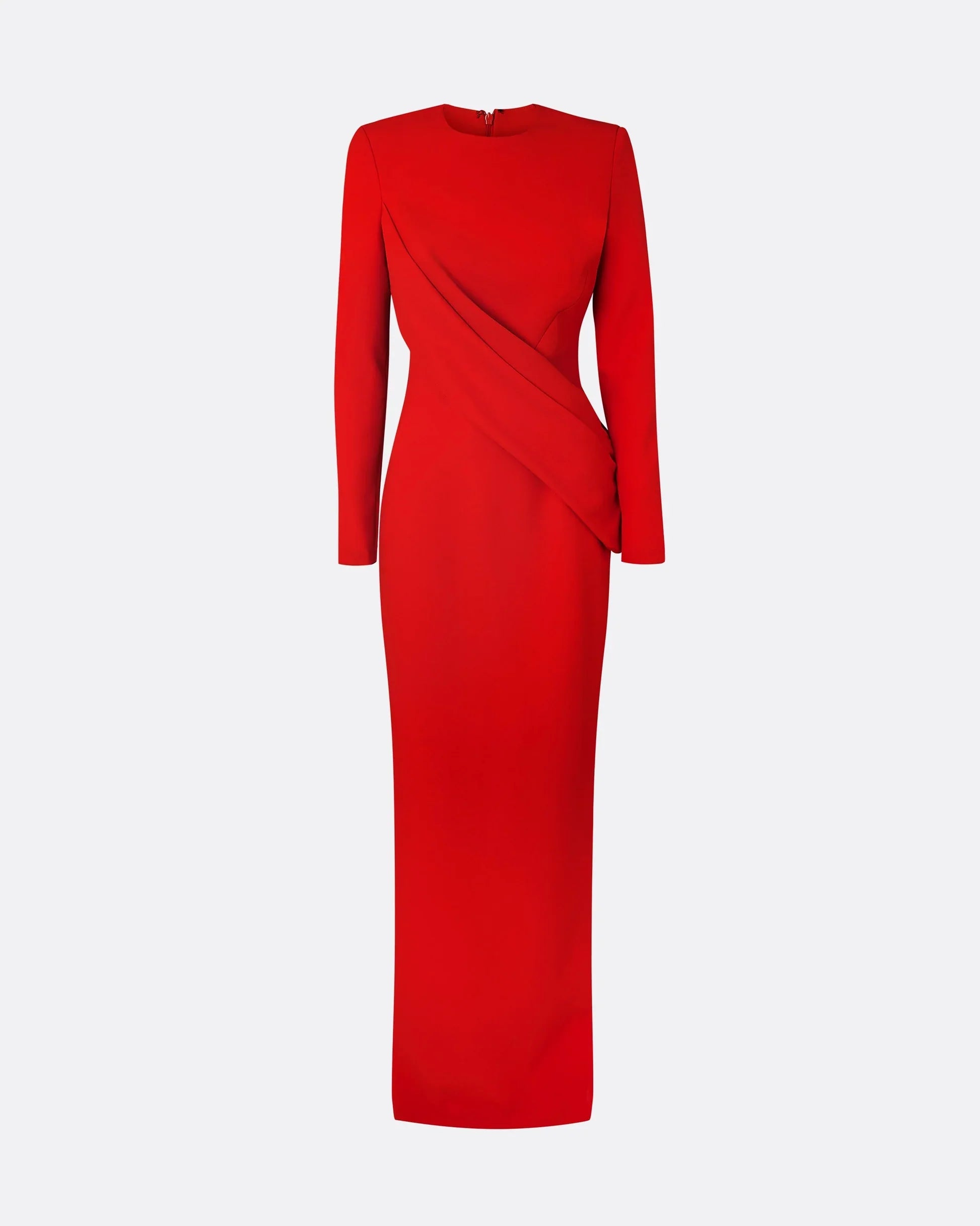 long-sleeve column gown with asymmetrical drape – FIERY