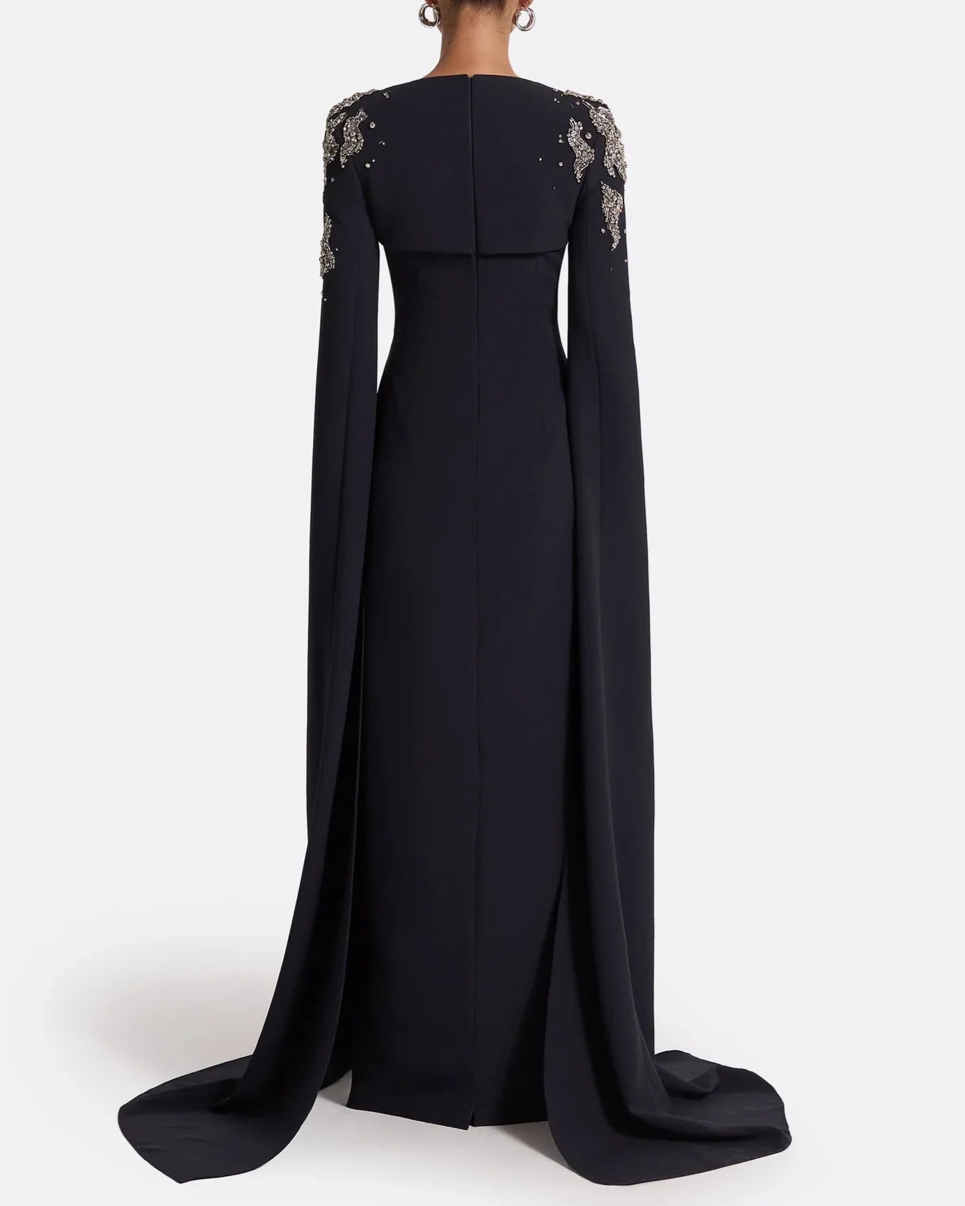 Long-sleeve column dress with embellished shoulders and draped cape -Isla