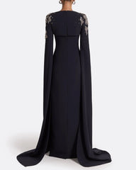 Long-sleeve column dress with embellished shoulders and draped cape -Isla