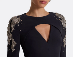 Long-sleeve column dress with embellished shoulders and draped cape -Isla