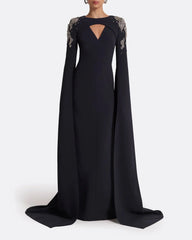 Long-sleeve column dress with embellished shoulders and draped cape -Isla
