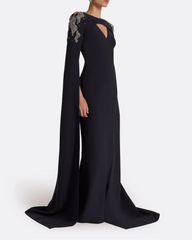 Long-sleeve column dress with embellished shoulders and draped cape -Isla