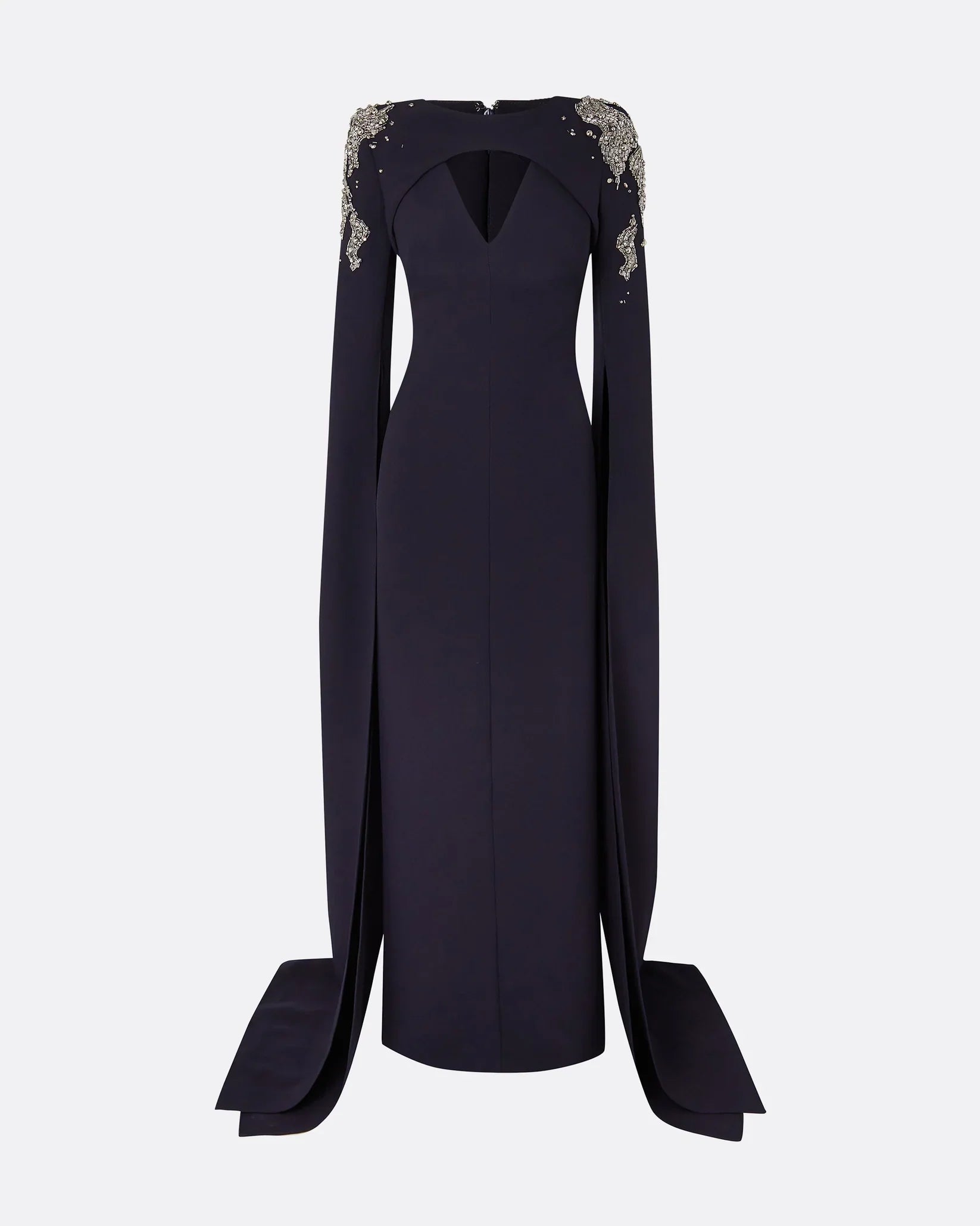 Long-sleeve column dress with embellished shoulders and draped cape -Isla