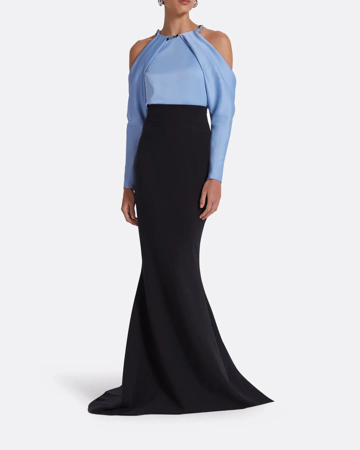 Two-tone mermaid dress with embellished neckline and draped cape - CAROLINA