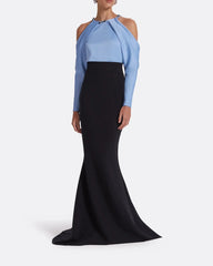 Two-tone mermaid dress with embellished neckline and draped cape - CAROLINA