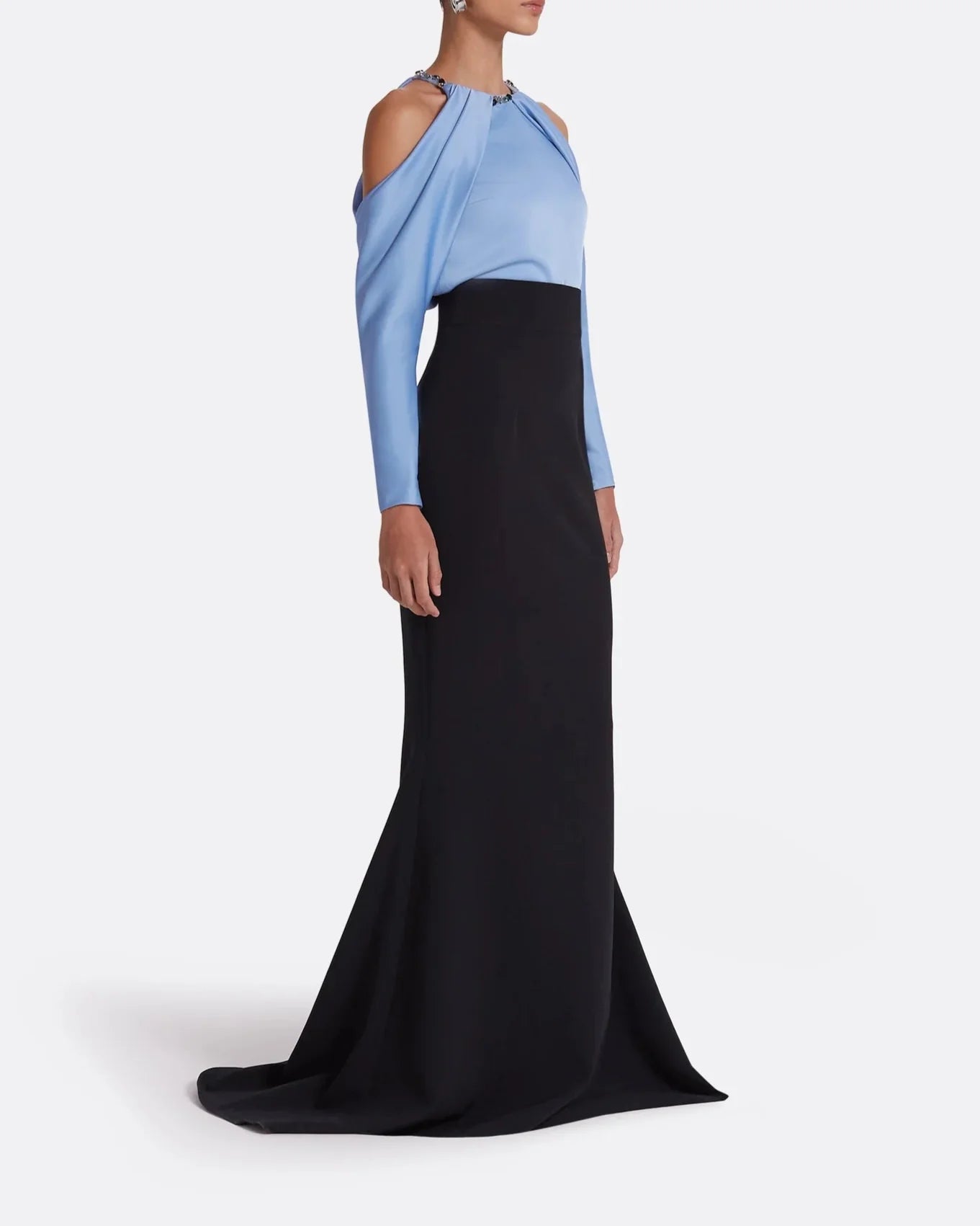 Two-tone mermaid dress with embellished neckline and draped cape - CAROLINA