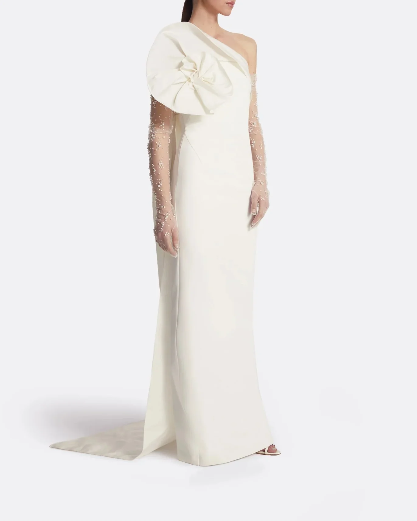 One-shoulder column gown with oversized bow - IVORY