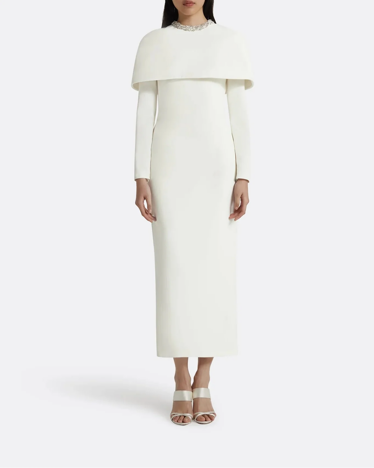 Long-sleeve column dress with embellished neckline and shoulder cape -Emily