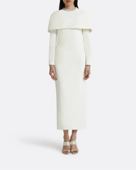 Long-sleeve column dress with embellished neckline and shoulder cape -Emily