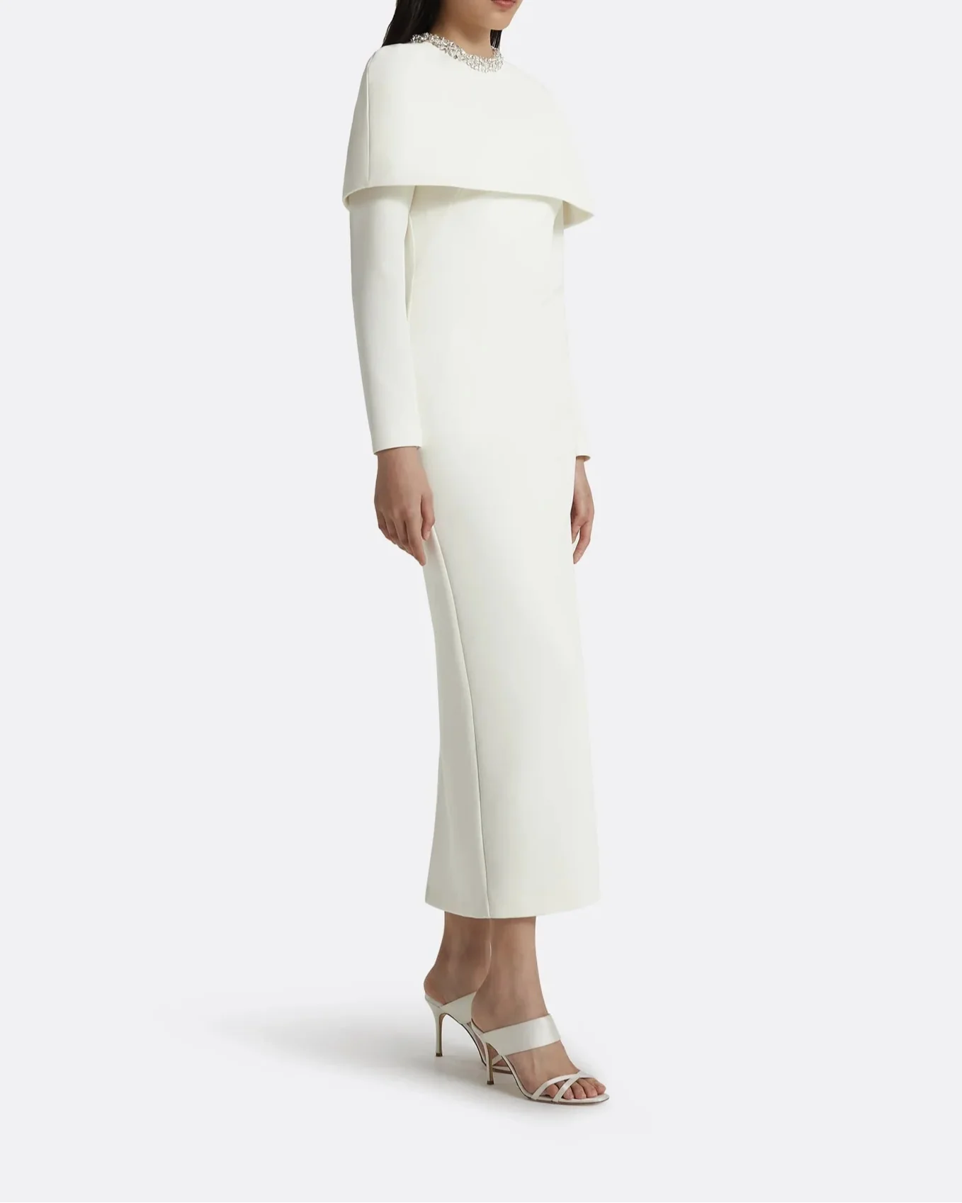 Long-sleeve column dress with embellished neckline and shoulder cape -Emily
