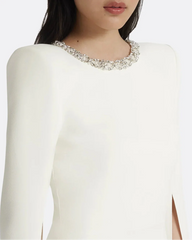 Long-sleeve column dress with embellished neckline and slit cape -Isabella