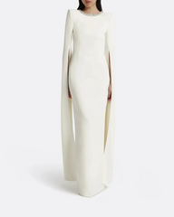 Long-sleeve column dress with embellished neckline and slit cape -Isabella