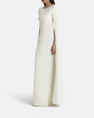 Long-sleeve column dress with embellished neckline and slit cape -Isabella