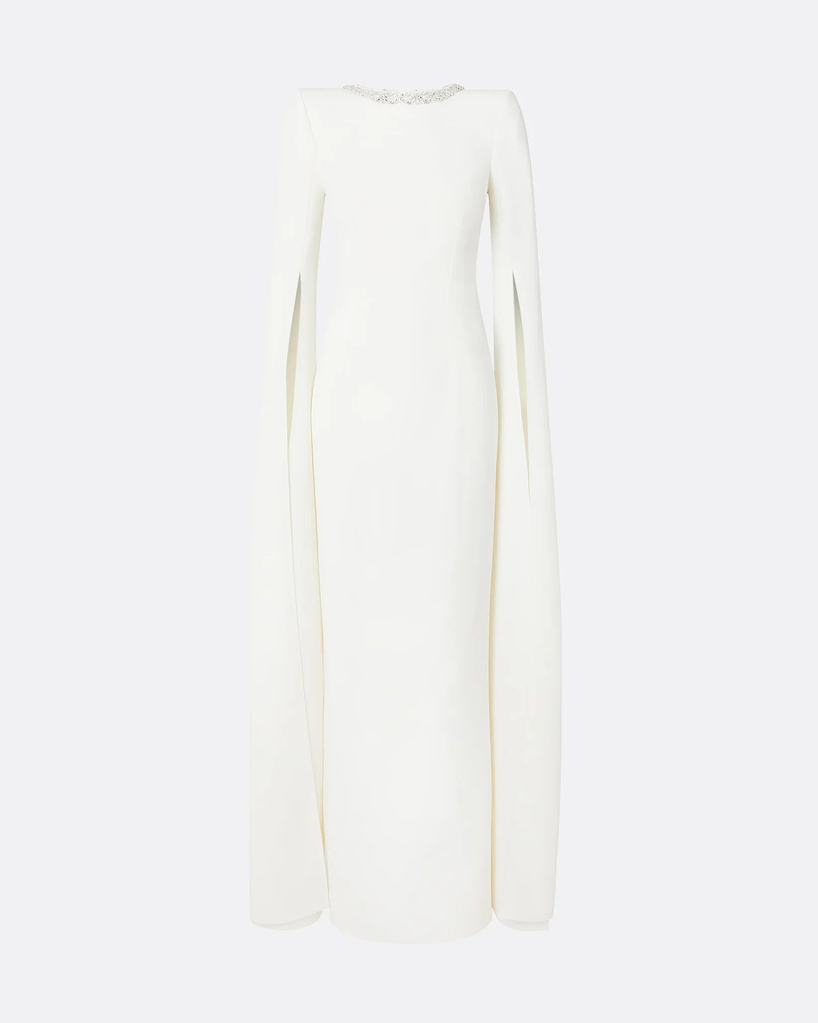 Long-sleeve column dress with embellished neckline and slit cape -Isabella