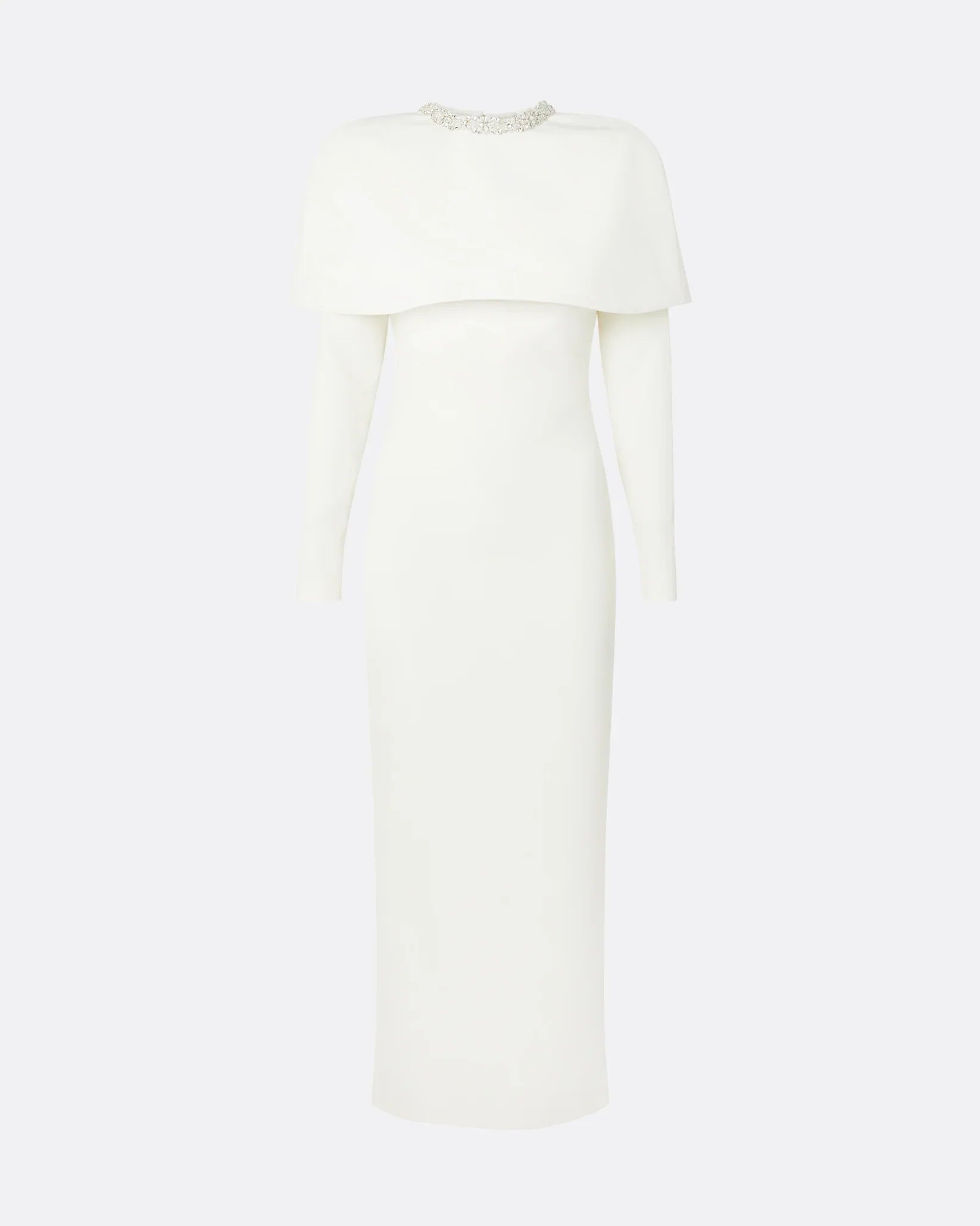 Long-sleeve column dress with embellished neckline and shoulder cape -Emily