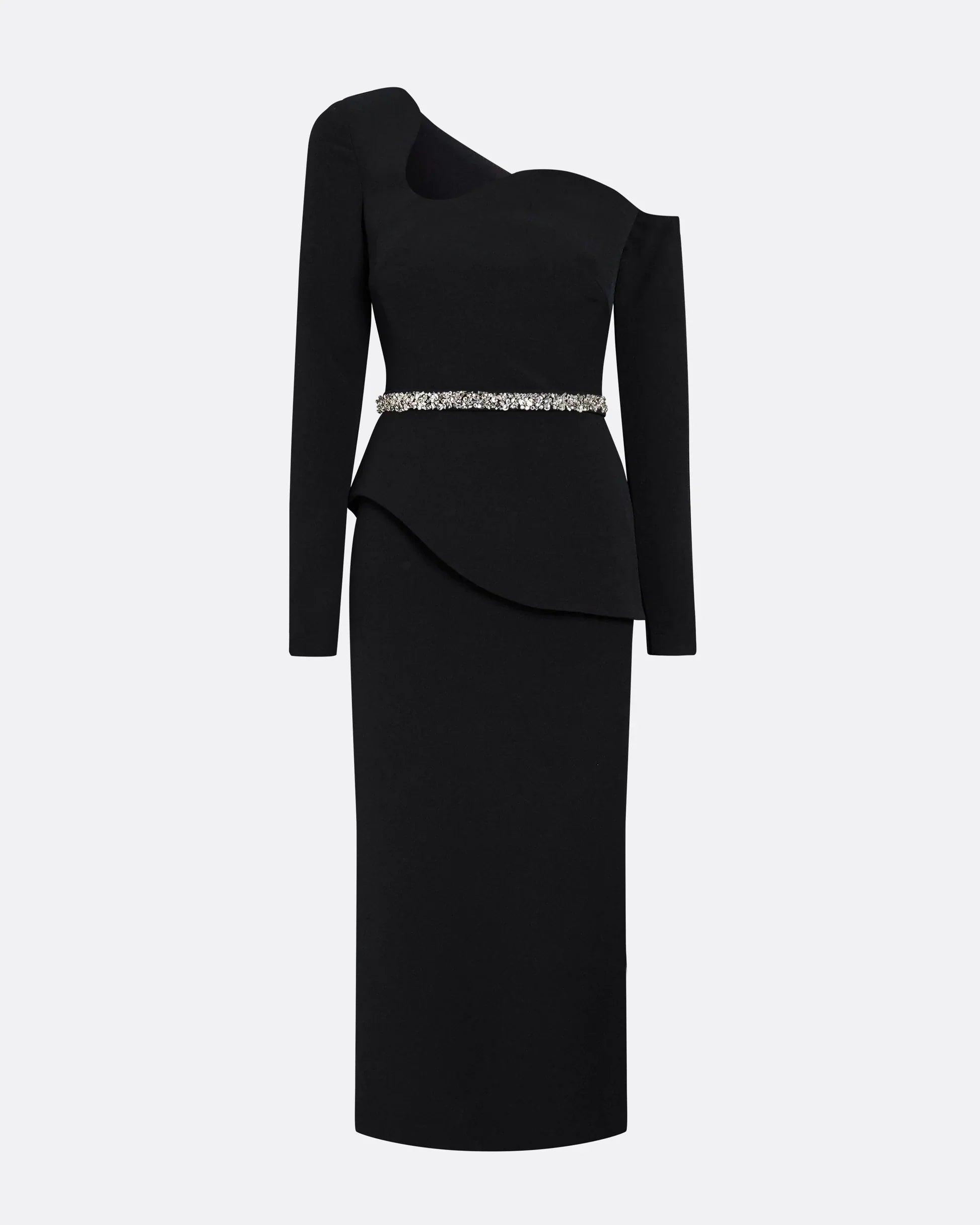 asymmetric off-shoulder midi dress with crystal belt – NOIRÉ
