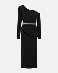 asymmetric off-shoulder midi dress with crystal belt – NOIRÉ