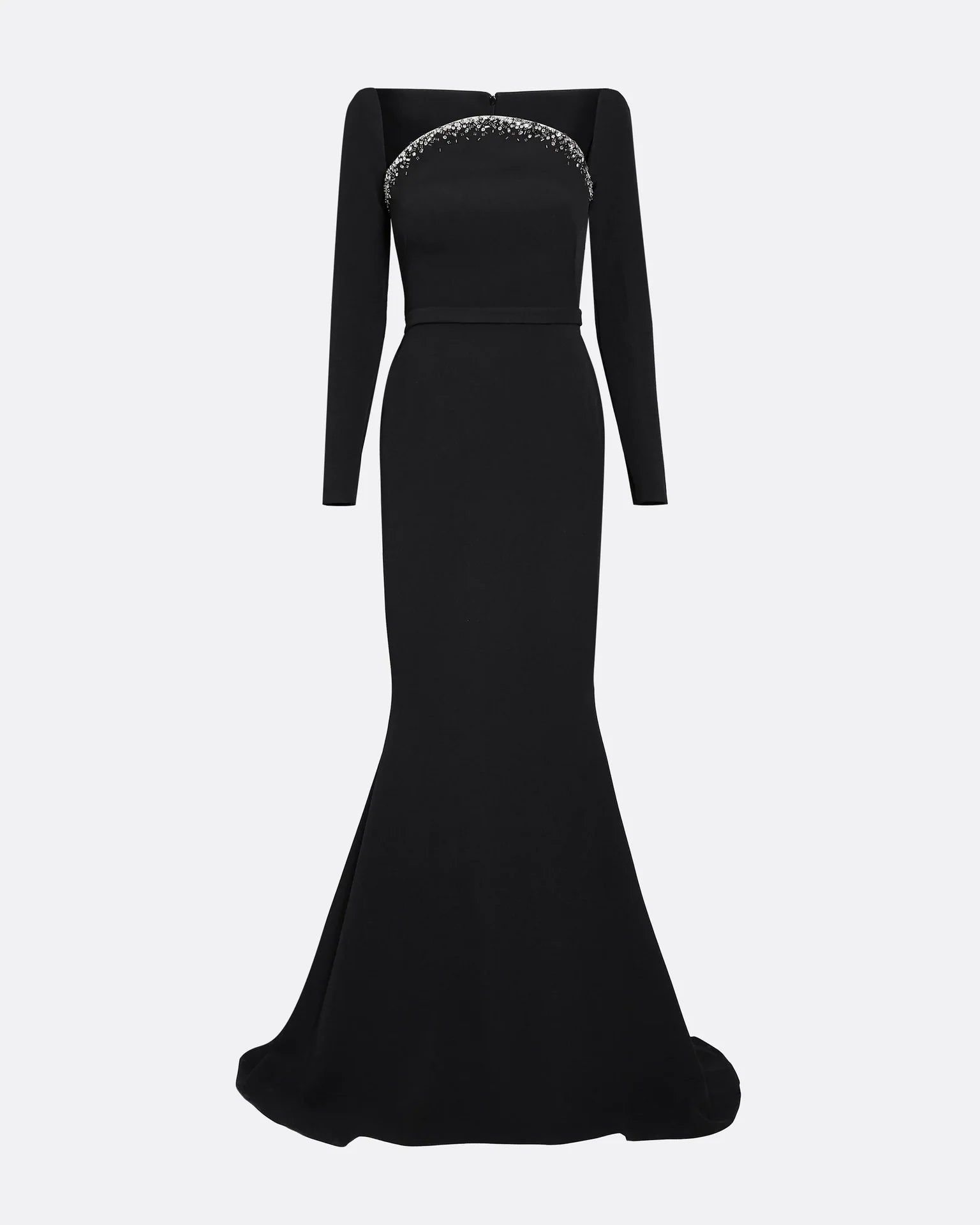 long-sleeve column gown with crystal-trimmed neckline – STELLA