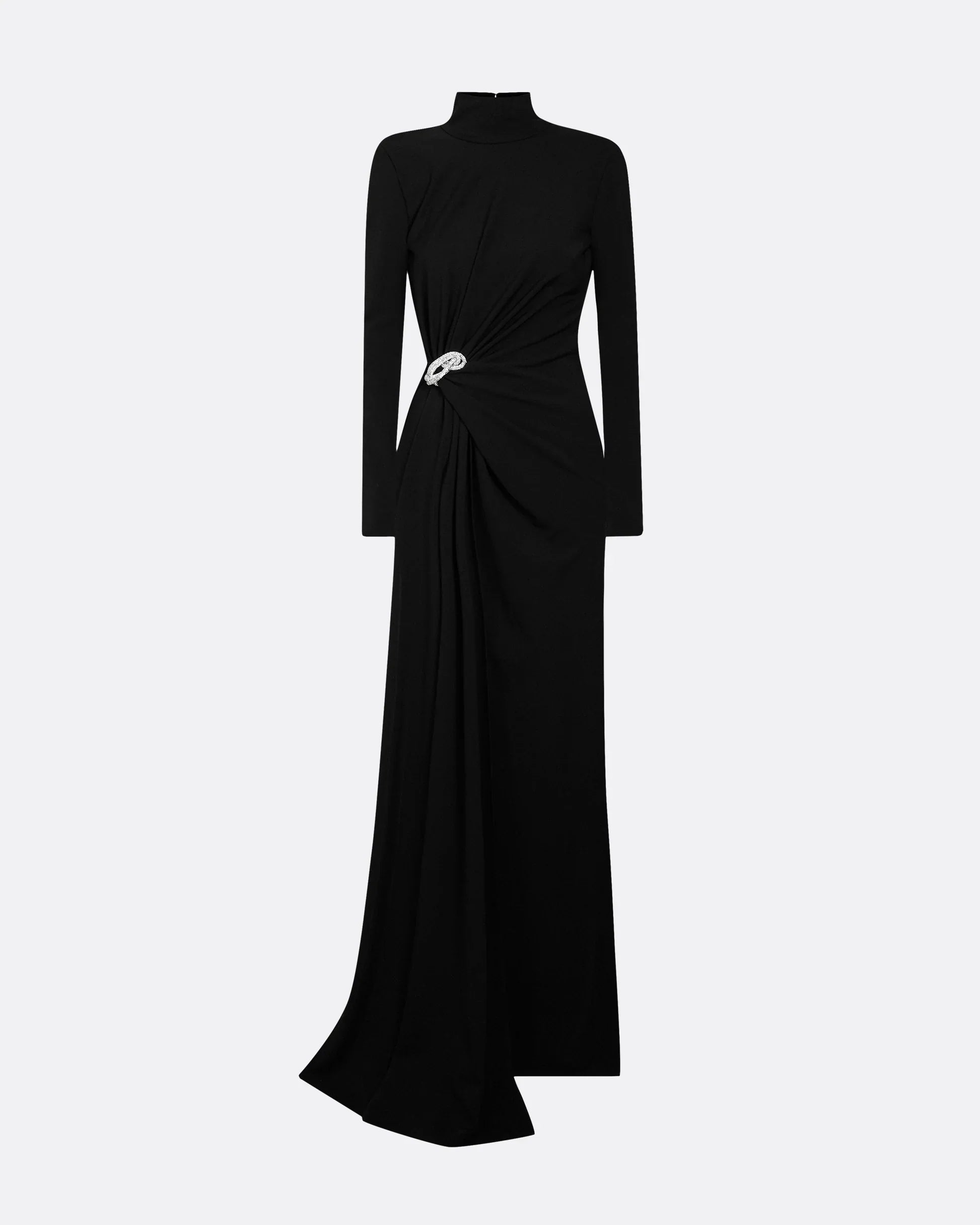 high-neck draped gown with crystal brooch – SERENA