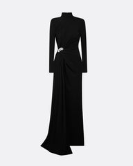high-neck draped gown with crystal brooch – SERENA