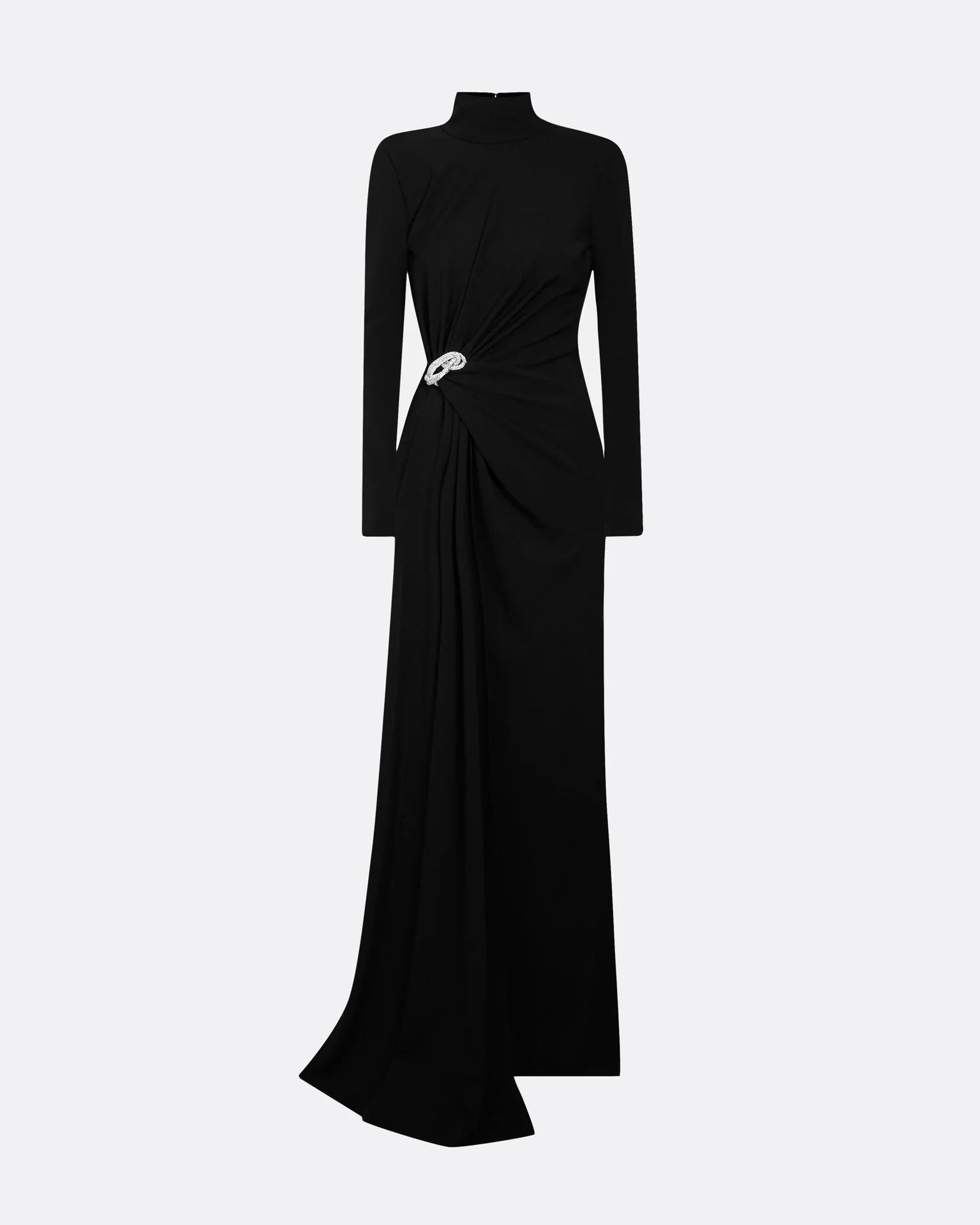 high-neck draped gown with crystal brooch – SERENA