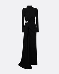 high-neck draped gown with crystal brooch – SERENA