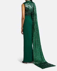 Sequined one-shoulder column dress with draped cape - Adora