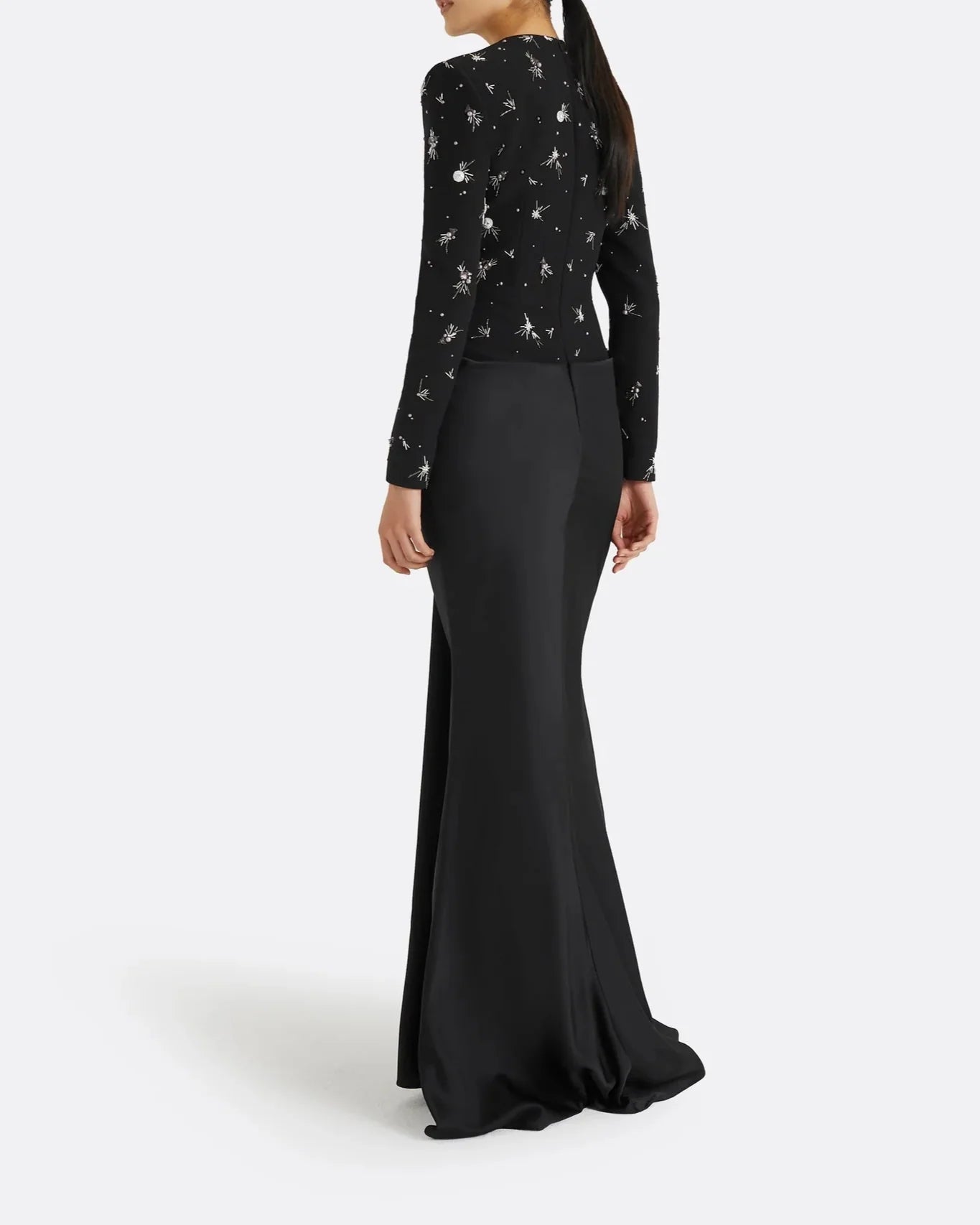 Embellished Long-Sleeve Draped Gown - MIDNIGHT