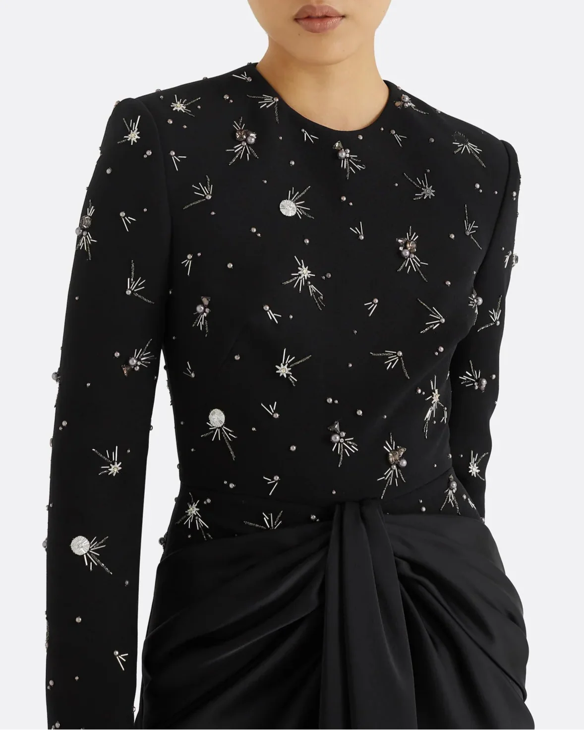 Embellished Long-Sleeve Draped Gown - MIDNIGHT