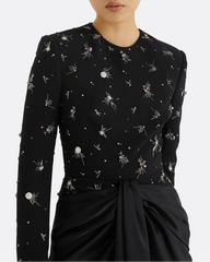 Embellished Long-Sleeve Draped Gown - MIDNIGHT