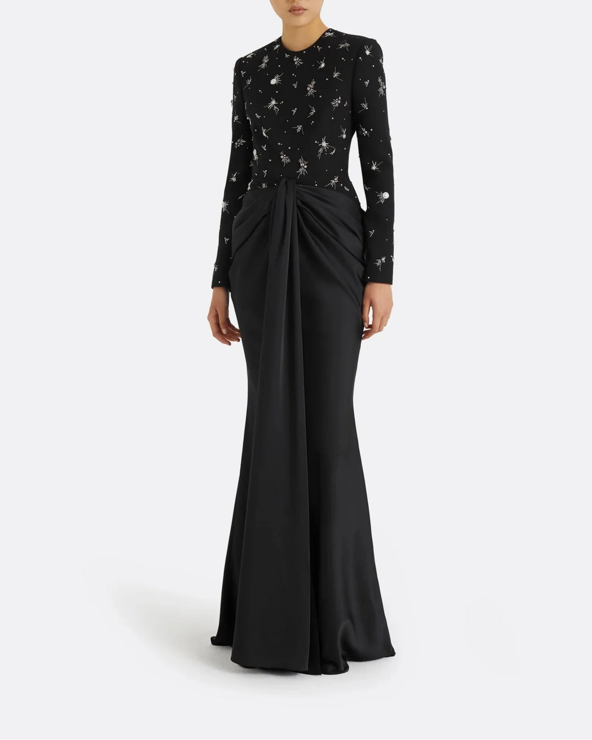 Embellished Long-Sleeve Draped Gown - MIDNIGHT