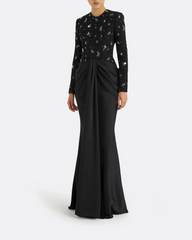 Embellished Long-Sleeve Draped Gown - MIDNIGHT