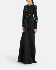 Embellished Long-Sleeve Draped Gown - MIDNIGHT