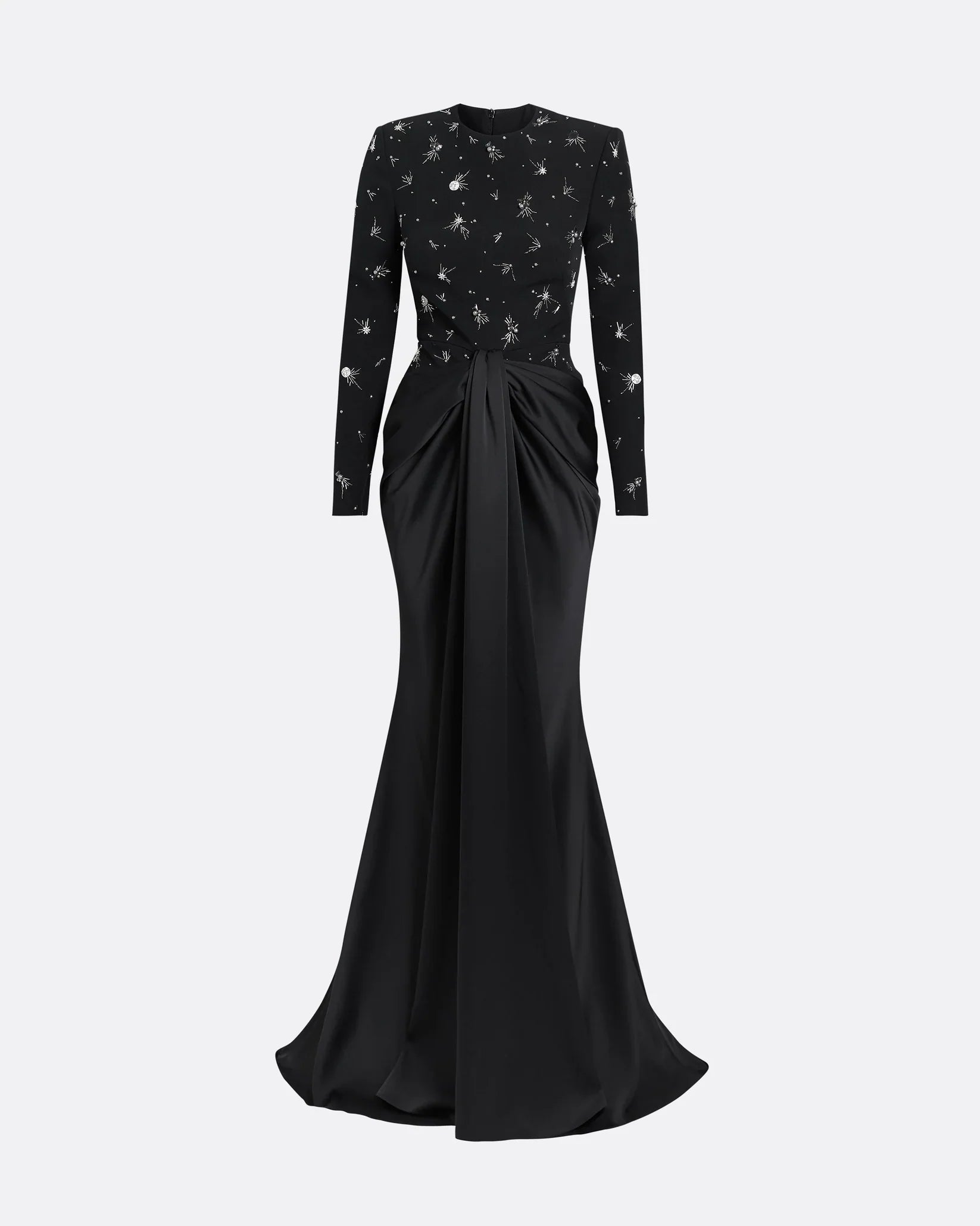 Embellished Long-Sleeve Draped Gown - MIDNIGHT