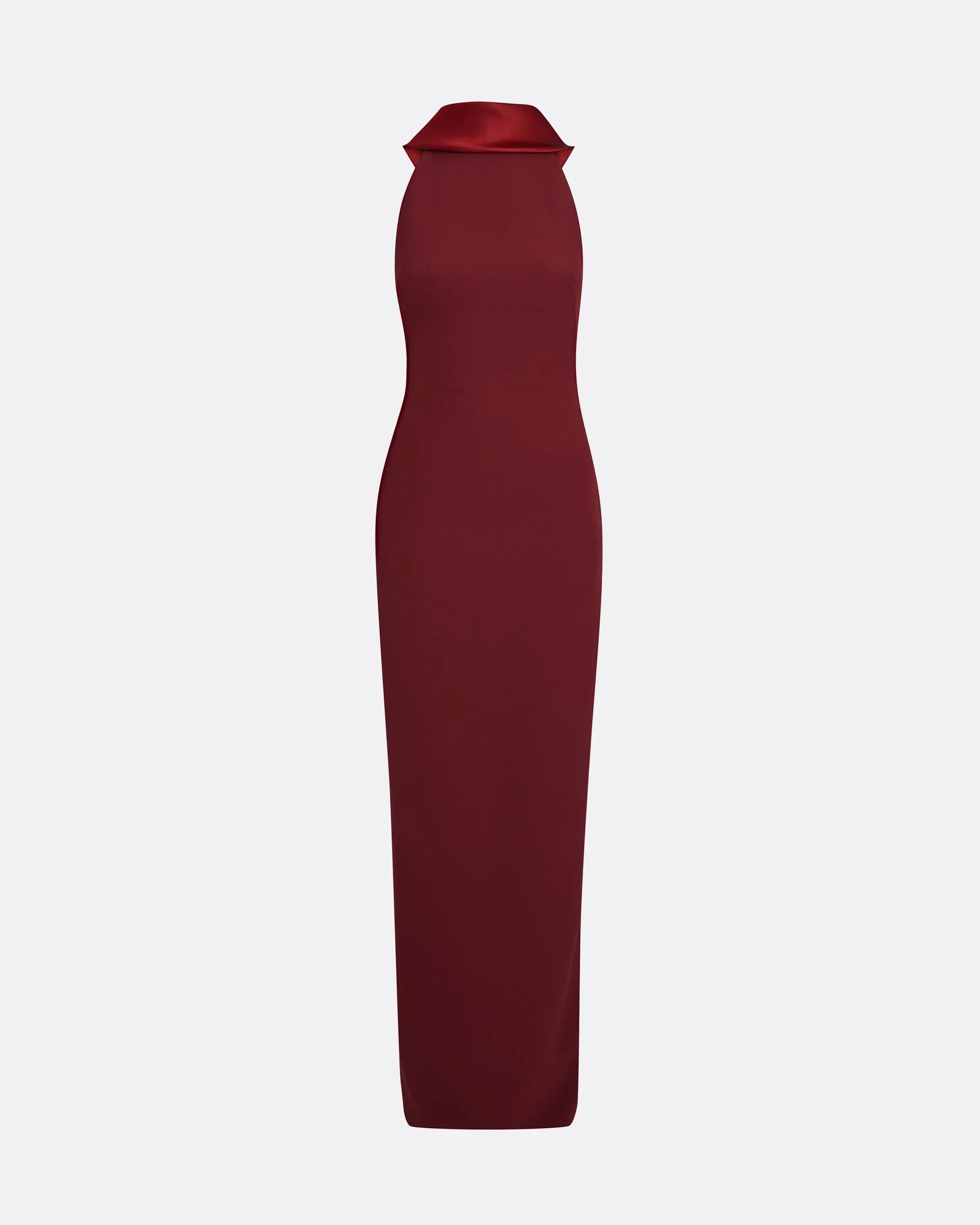 halter-neck column gown with folded collar – MERLOT