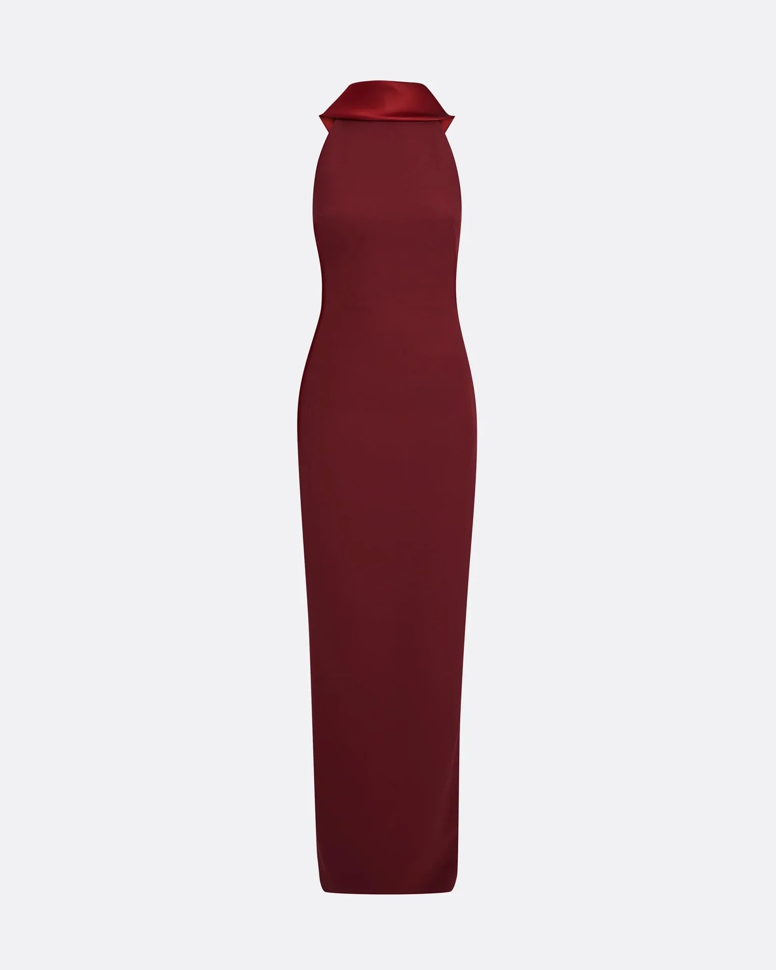 halter-neck column gown with folded collar – MERLOT