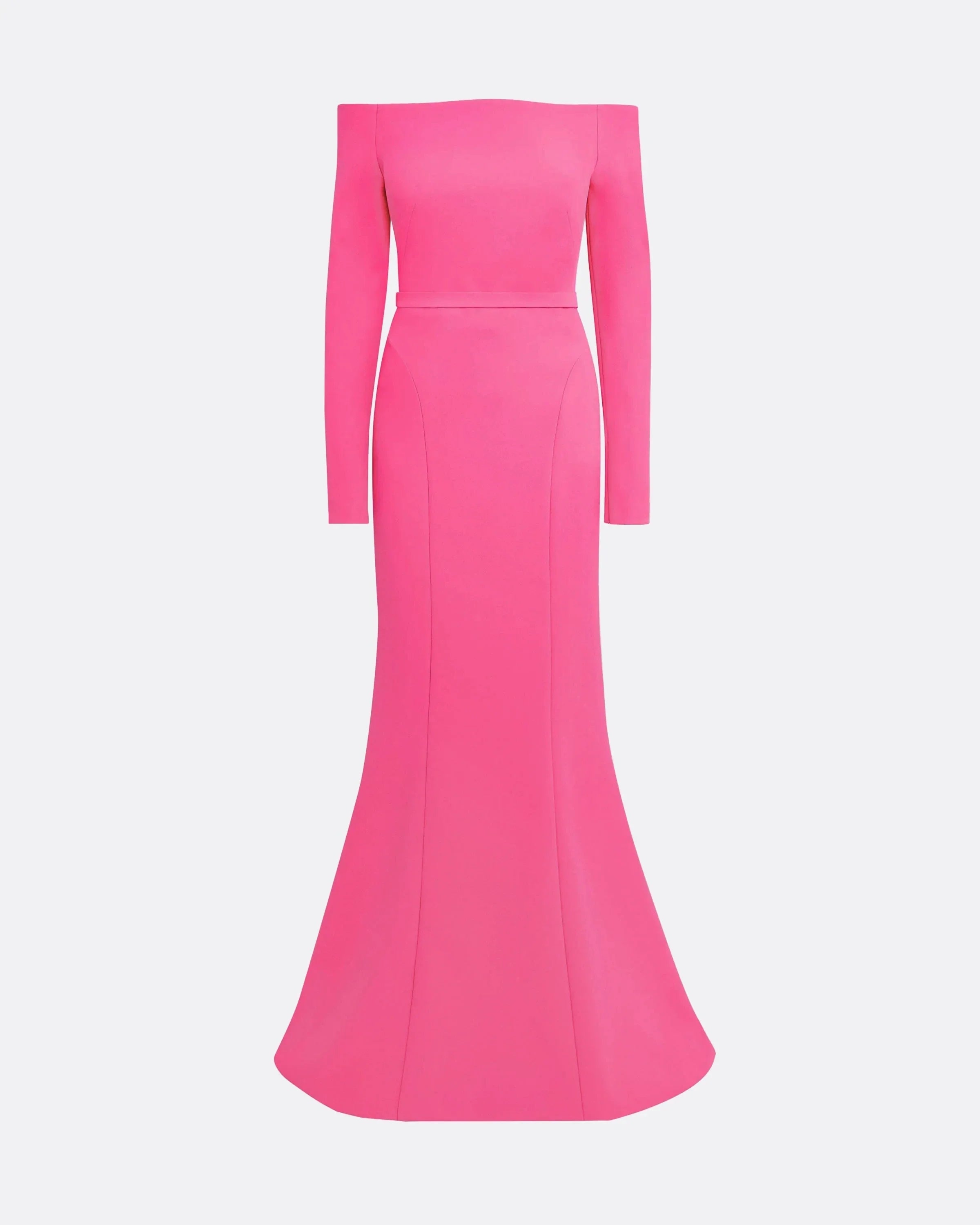off-shoulder flared gown with long sleeves – FLAMINGO