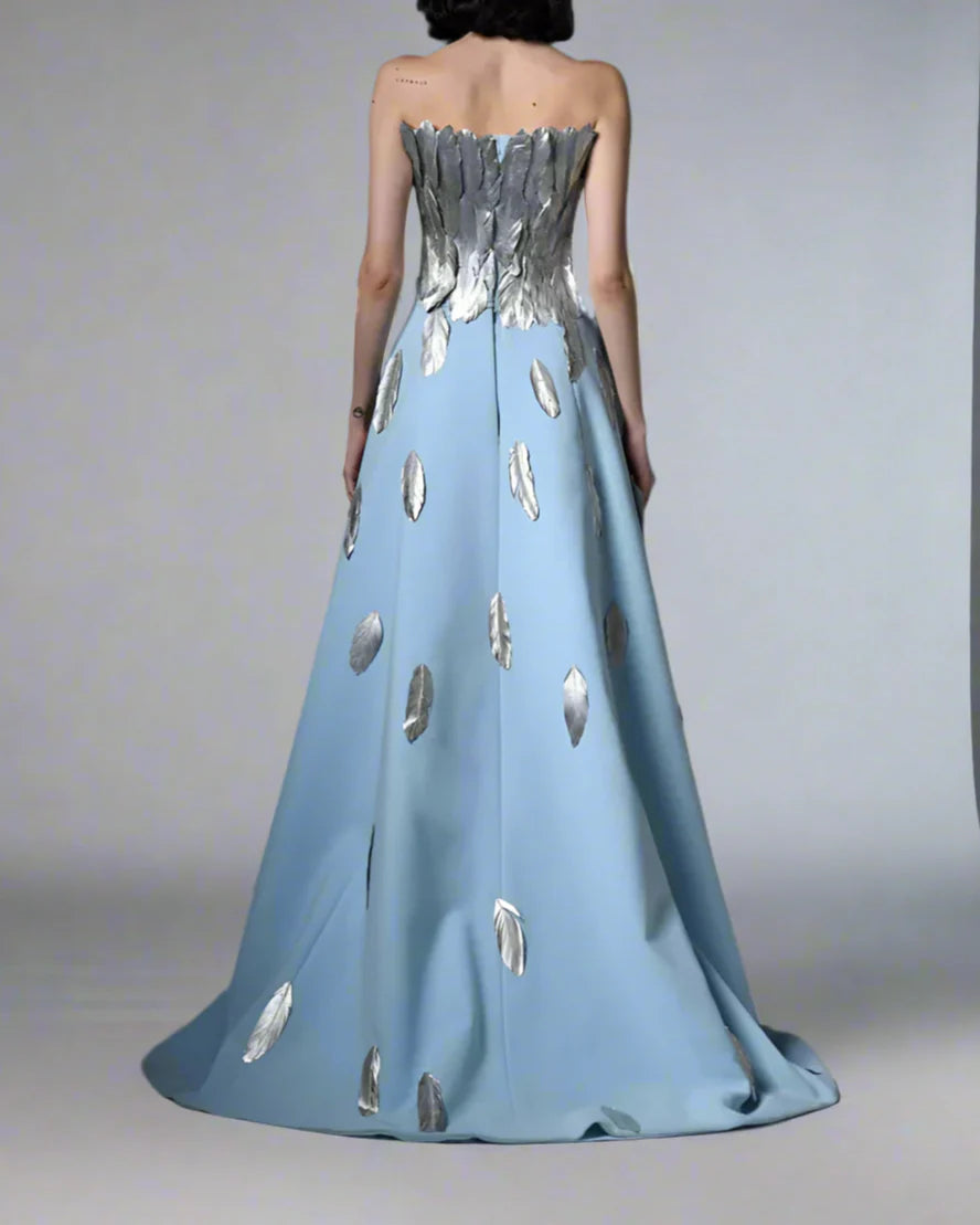 Light blue crepe dress with feathers on bustier - Katy