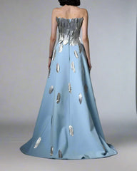 Light blue crepe dress with feathers on bustier - Katy