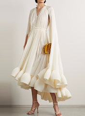 pleated cape-sleeve midi dress with ruffle hem – Aanjkvc
