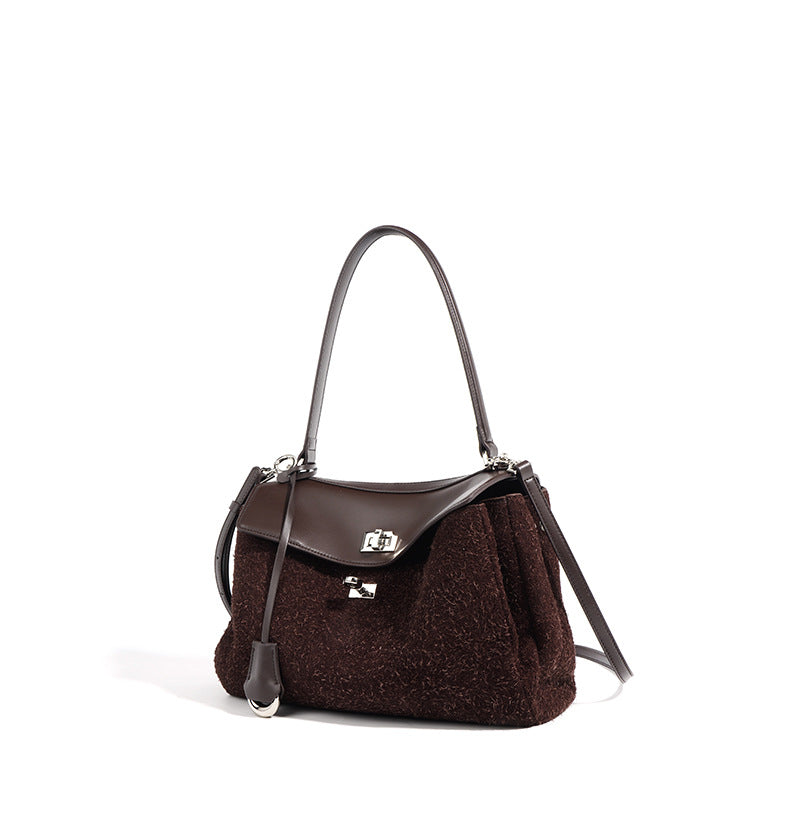 textured wool satchel with leather flap – AUBURN