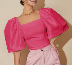 Square-neck corset blouse with puffed elbow sleeves - Sewry