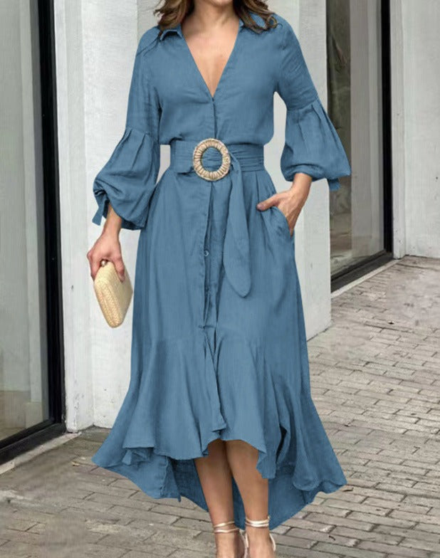 belted ruffle-hem shirt dress – Flwasan