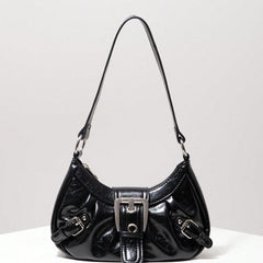 Ruched faux leather shoulder bag with statement buckles – Rinmy