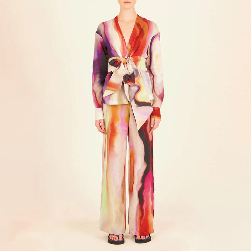 printed satin belted pantsuit - Bindy